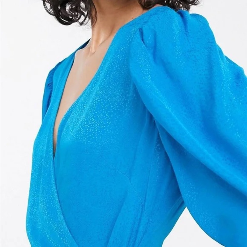 & OTHER STORIES Turquoise Blue Midi Wrap Dots Jacquard Puff Sleeve Modest Dress